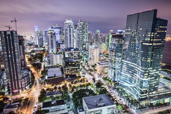 Miami, Florida, USA downtown nightt aerial cityscape at night.